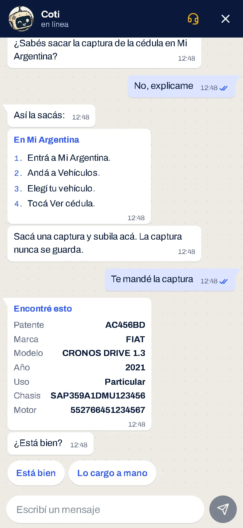 Coti explica cómo sacar la captura de la cédula en Mi Argentina y muestra los datos del vehículo que leyó: patente, marca, modelo, año, uso, chasis y motor