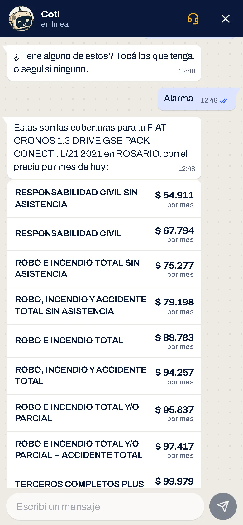 Coti muestra las coberturas de un Fiat Cronos 2021 en Rosario con su precio por mes, desde 54.911 pesos la Responsabilidad Civil